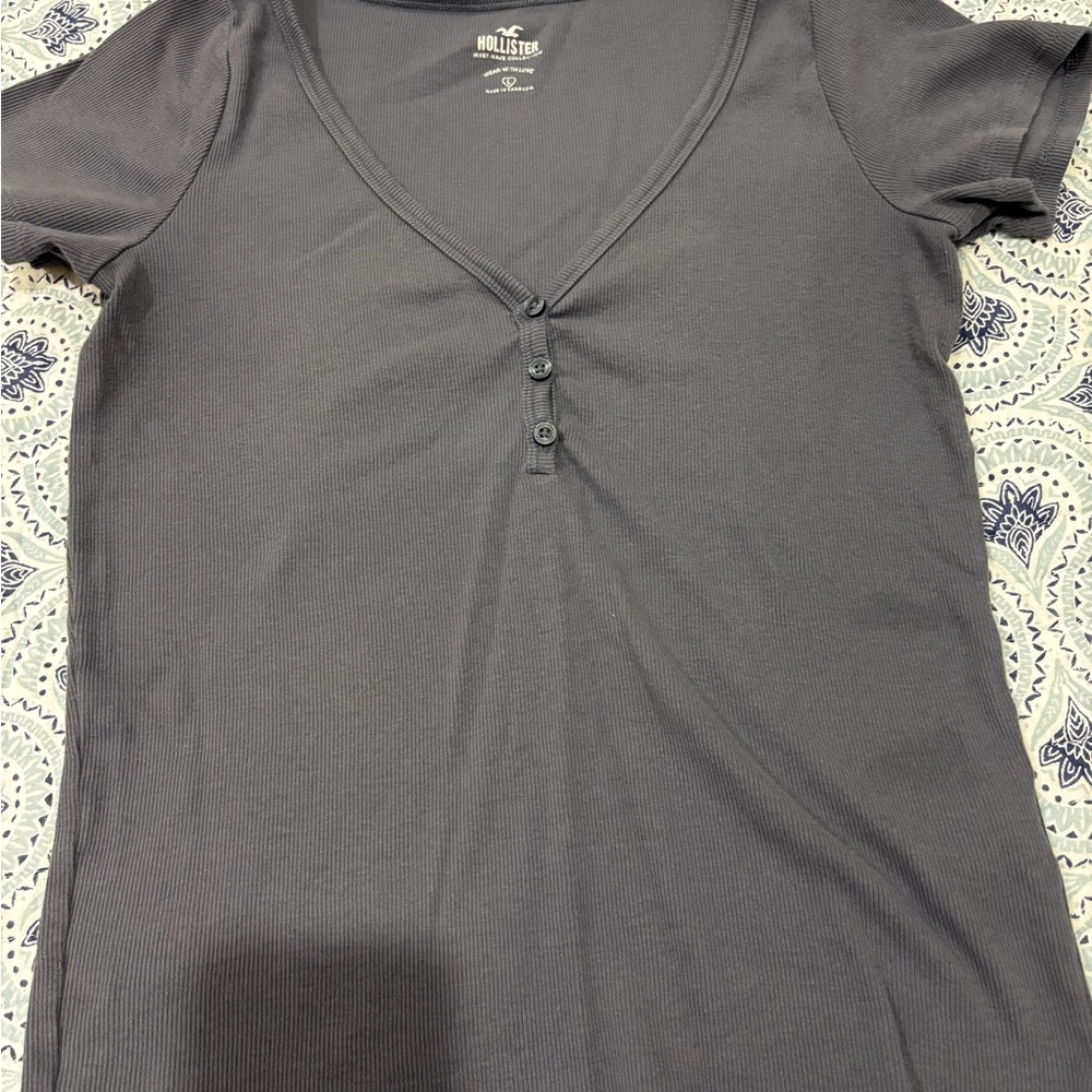 Hollister Womens Slate Blue Henley V-Neck Top Size L